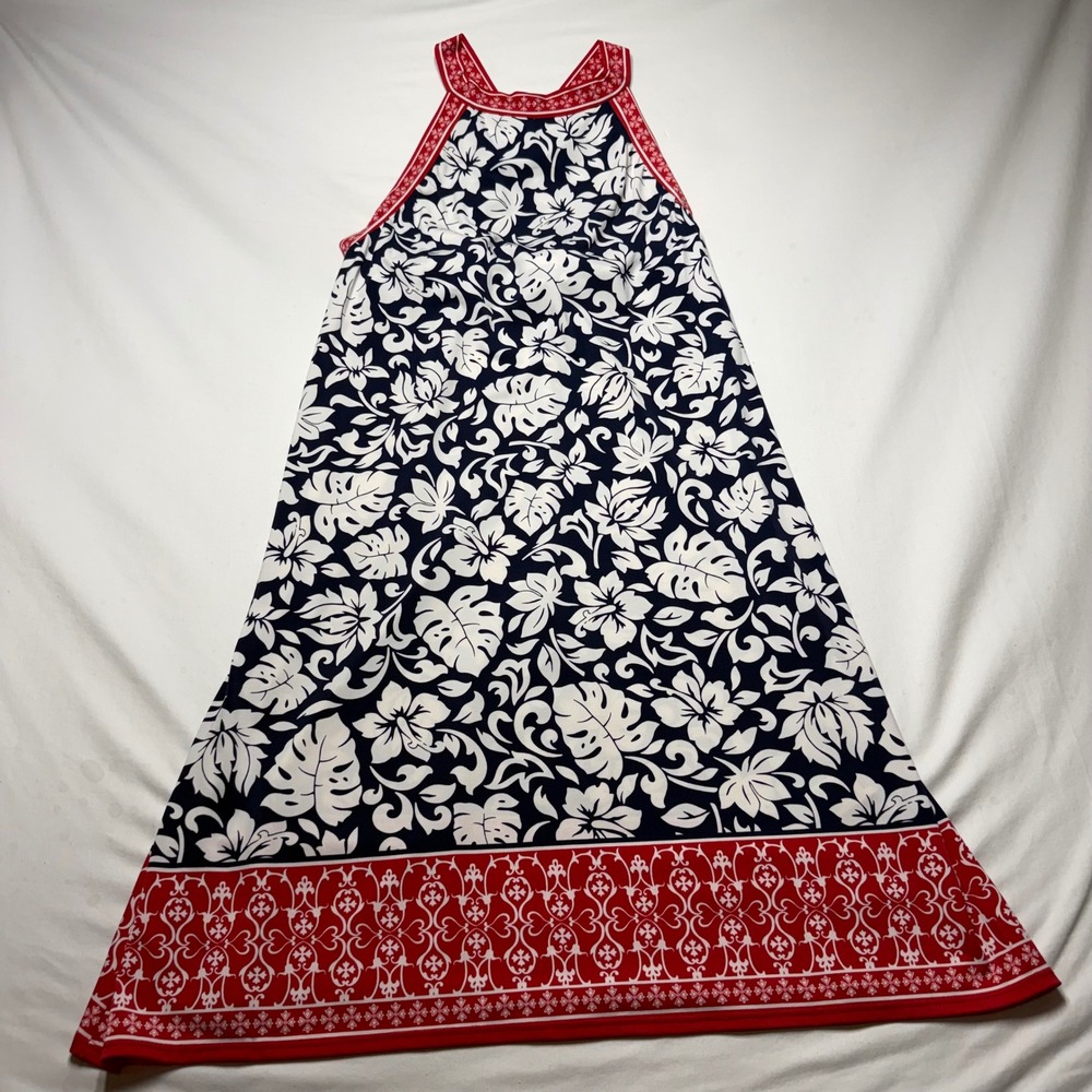 Max Studio Women Navy Blue White Red Floral Halter Maxi Dress NWT Size Medium